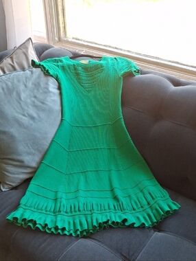 Anthropologie Bright Green Knit Ruffle-Hem Mini Dress